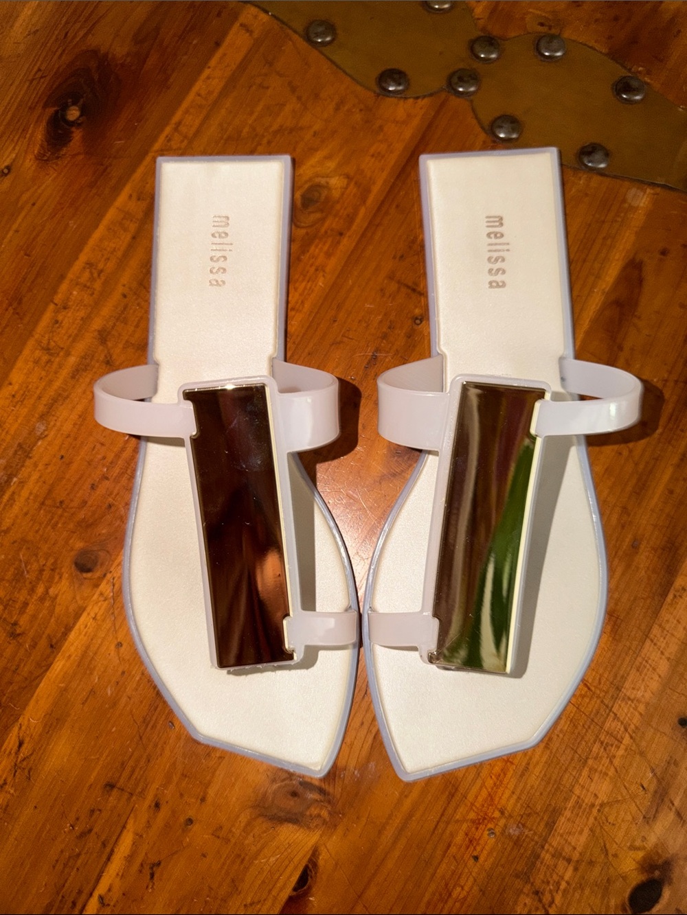 Melissa White Jelly Sandals Toe ring with Gold Mirror Bar